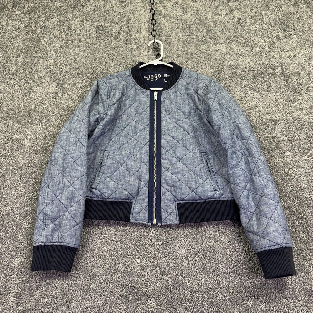 Gap Jacket Womens Large Blue Quilted Varsity Full Zip Chambray Bomber Casual